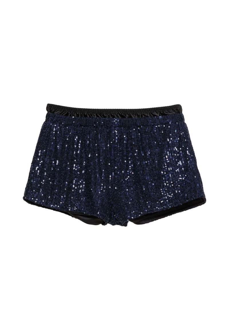Tmavě modré šortky s texturovaným povrchem z flitrů a hladkou černou vnitřní podšívkou. Mají elastický pás pro pohodlí.