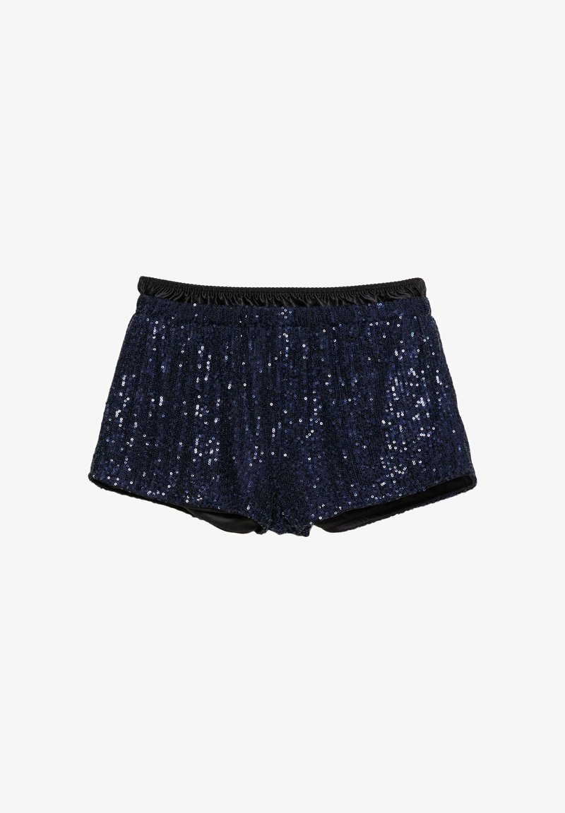 Tmavě modré šortky s texturovaným povrchem z flitrů a hladkou černou vnitřní podšívkou. Mají elastický pás pro pohodlí.