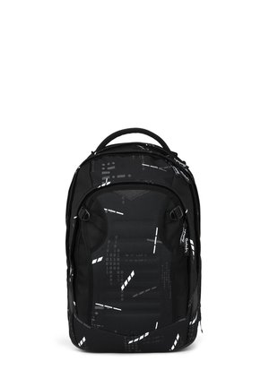 Schwarzer Rucksack mit abstrakten weißen und grauen digitalen Code-Mustern, vorderen Reißverschlusstaschen und gepolsterten Schulterriemen.