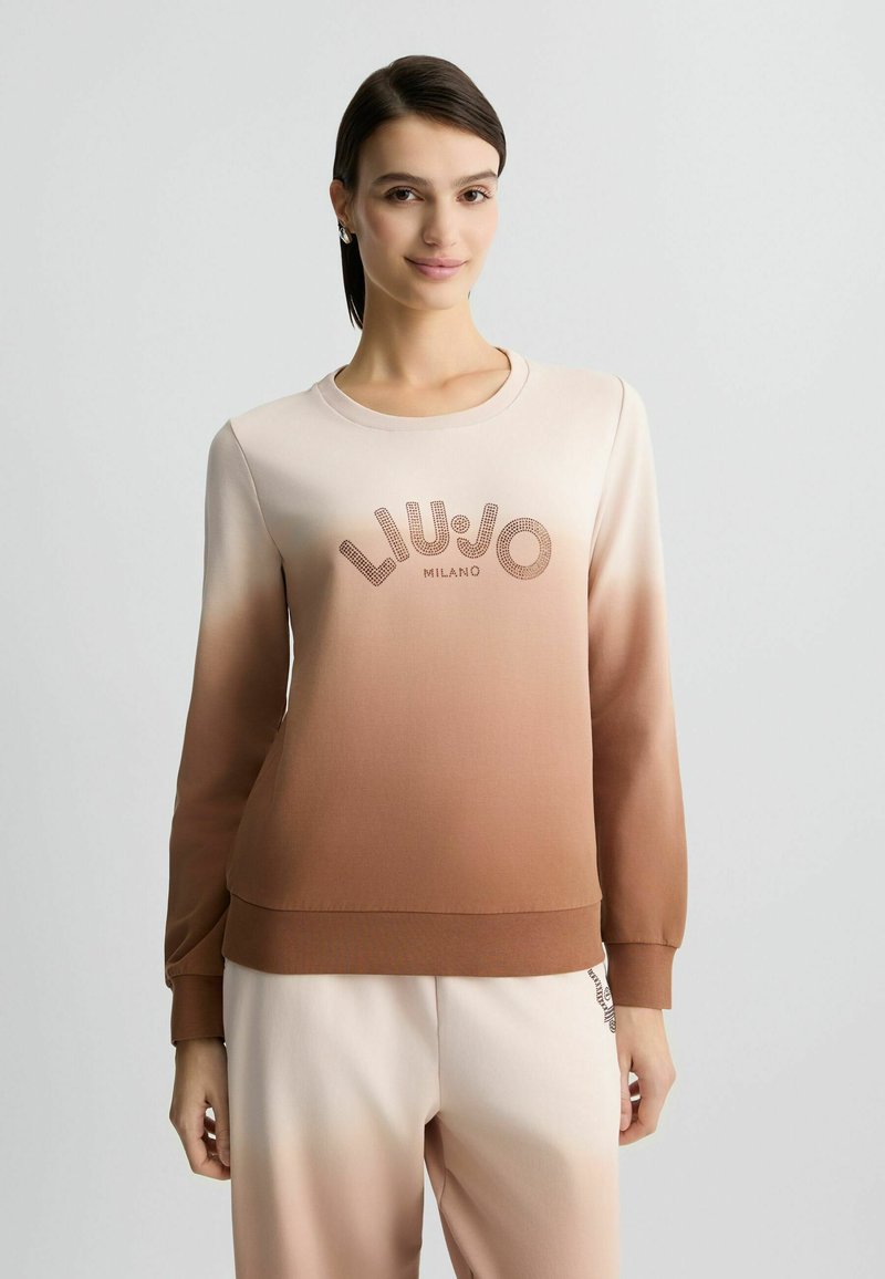 Bruine en crèmekleurige sweatshirt met een ronde halslijn, lange mouwen en het logo "LIU JO MILANO" in versierde letters op de voorkant.