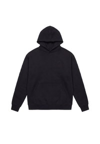 Sweat à capuche noir à enfiler avec poche kangourou à l'avant, manches longues, poignets côtelés et petit logo sur la poitrine et la manche.