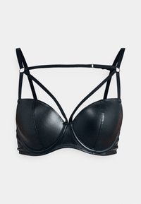 Reggiseno nero con coppe preformate, spalline regolabili e design delle cinghie geometrico. Texture liscia e accessori hardware minimalisti.