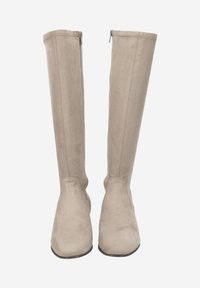 Taupe knee-high boots in soft suede, with a smooth texture, pointed toe, and a side zipper for closure. Simple and unembellished design.