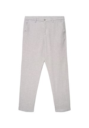 Pantaloni grigio chiaro a gamba dritta con tasche laterali, passanti per cintura e chiusura con bottone in vita.