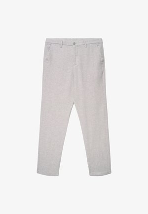 Hellgraue, gerade geschnittene Hosen mit seitlichen Taschen, Gürtelschlaufen und einem Knopfverschluss in der Taille.