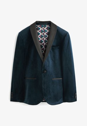Marineblaue Samtblazer mit schwarzen Satinrevers, verfügt über einen Ein-Knopf-Verschluss und zwei Fronttaschen; gemustertes Futter im Inneren sichtbar.