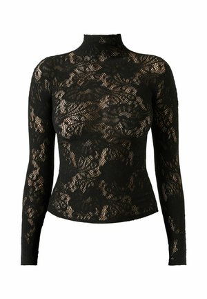 Černý krajkový top s dlouhým rukávem a vysokým výstřihem, zdobený květinovým vzorem a částečně průsvitným materiálem. Přiléhavý střih po celé délce.
