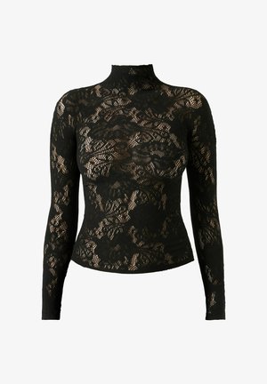 Top in pizzo nero a maniche lunghe con collo alto, caratterizzato da motivi floreali e una texture semi-trasparente. Design aderente in tutta la sua lunghezza.