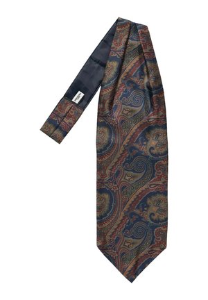 Silled ties med et paisley mønster i nuancer af mørkeblå, rød og guld, med en glat tekstur og en spids ende.