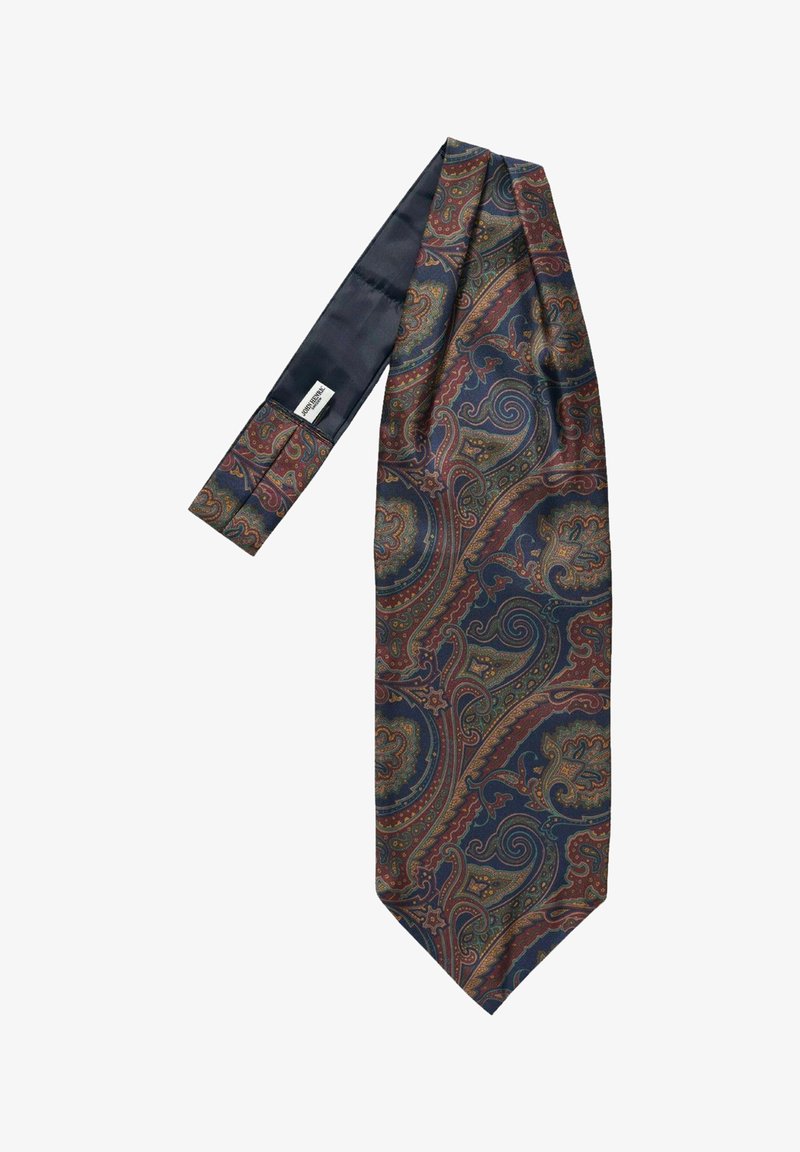 Sidenfluga med paisleymönster i nyanser av mörkblått, rött och guld, med en slät textur och spetsig ände.