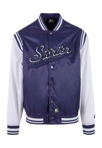 Navy blue satin varsity jacket with white sleeves, featuring embroidered "Starter" logo, snap closures, and striped ribbed cuffs and collar.