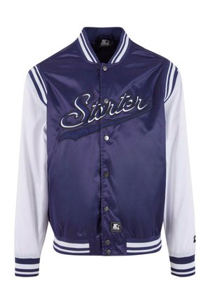 Marineblå satin varsity-jakke med hvide ærmer, med broderet "Starter" logo, trykknaplukninger og stribede ribkanter ved håndleddene og kraven.