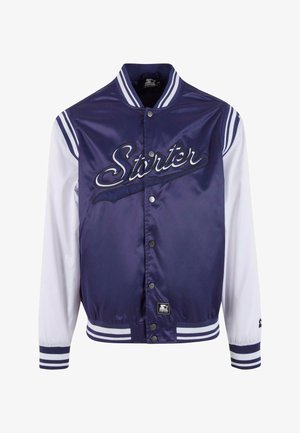 Tamsiai mėlynas satino universitetinis švarkas su baltais rankovėmis, išsiuvinėtu "Starter" logotipu, spaudžių užsegimais ir dryžuotais elastingais rankogaliais bei apykakle.