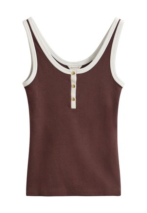 Sleeveless brown tank top with white trim around neck and armholes, featuring three gold buttons down the front placket.