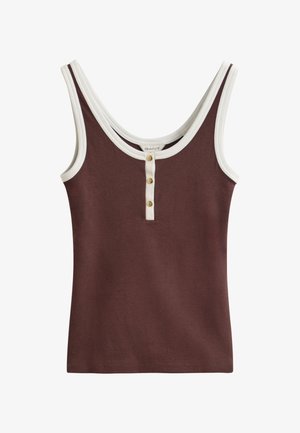 Sleeveless brown tank top with white trim around neck and armholes, featuring three gold buttons down the front placket.
