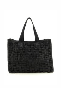 Borsa a tote in pelle intrecciata nera con due manici corti, caratterizzata da un motivo a griglia testurizzato e una chiusura con zip superiore.