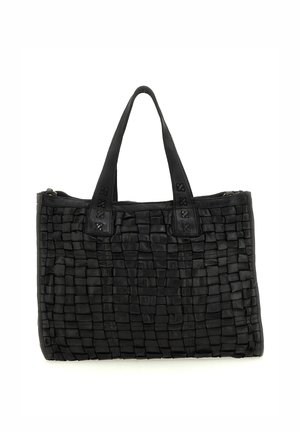 Borsa a tote in pelle intrecciata nera con due manici corti, caratterizzata da un motivo a griglia testurizzato e una chiusura con zip superiore.