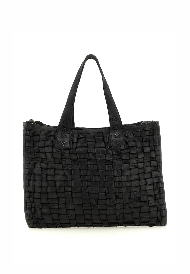 Borsa a tote in pelle intrecciata nera con due manici corti, caratterizzata da un motivo a griglia testurizzato e una chiusura con zip superiore.