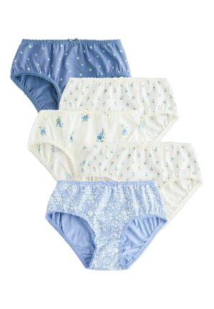 Pięć par damskich bawełnianych majtek w kolorze niebieskim i białym z drobnymi kwiatowymi wzorami i ozdobnymi kokardkami, ułożonych w stos.