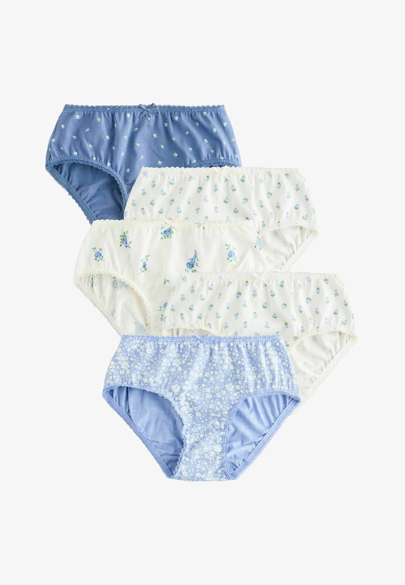 Cinq paires de culottes en coton pour femmes, en bleu et blanc, ornées de petits imprimés floraux et de nœuds décoratifs, disposées en pile.