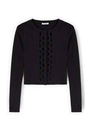 Zwarte cropped cardigan van textuurstof, met een ritssluiting aan de voorkant en decoratieve uitsnijdingen langs het midden.