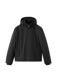 Giacca impermeabile nera con cappuccio, cerniera frontale e due tasche laterali. Tessuto liscio con polsini elastici e design a taglio dritto.