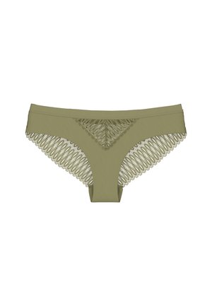 Olive green underwear with decorative lace trim featuring a wavy pattern along the edges, smooth main fabric, and contoured shape.