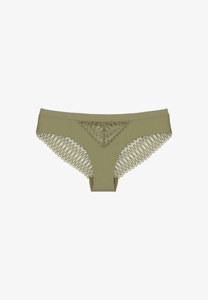 Olive green underwear with decorative lace trim featuring a wavy pattern along the edges, smooth main fabric, and contoured shape.
