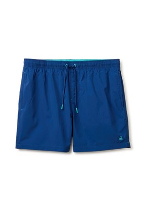 Costume da bagno blu da uomo con vita regolabile con coulisse e tasche laterali, con un piccolo logo vicino all'orlo inferiore sulla gamba sinistra.