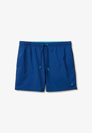 Costume da bagno blu da uomo con vita regolabile con coulisse e tasche laterali, con un piccolo logo vicino all'orlo inferiore sulla gamba sinistra.