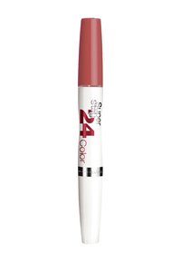Il prodotto labbra Maybelline Super Stay 24 Color presenta un corpo cilindrico bianco con un cappuccio rosa. Ha un design elegante e un'etichettatura chiara.