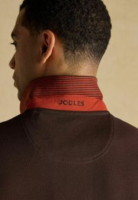 Brūna krekla ar apkakli, kurai ir sarkanu svītru apdare un zīmola nosaukums "Joules" izšuvumā. Audums izskatās teksturēts un ikdienišķs.