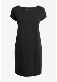 Musta puuvillamekko, jossa on pyöreä pääntie, lyhyet kääritut hihat ja löysä istuvuus, mekko ylettyy polven yläpuolelle ja siinä on sileä pinta.