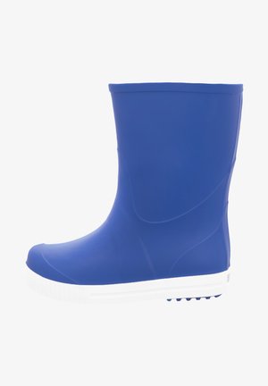 Niebieski kauczukowy botek kostkowy o gładkim wykończeniu, z białą teksturowaną podeszwą, okrągłym noskiem i bezszwowym designem. Odpowiedni na mokre warunki.