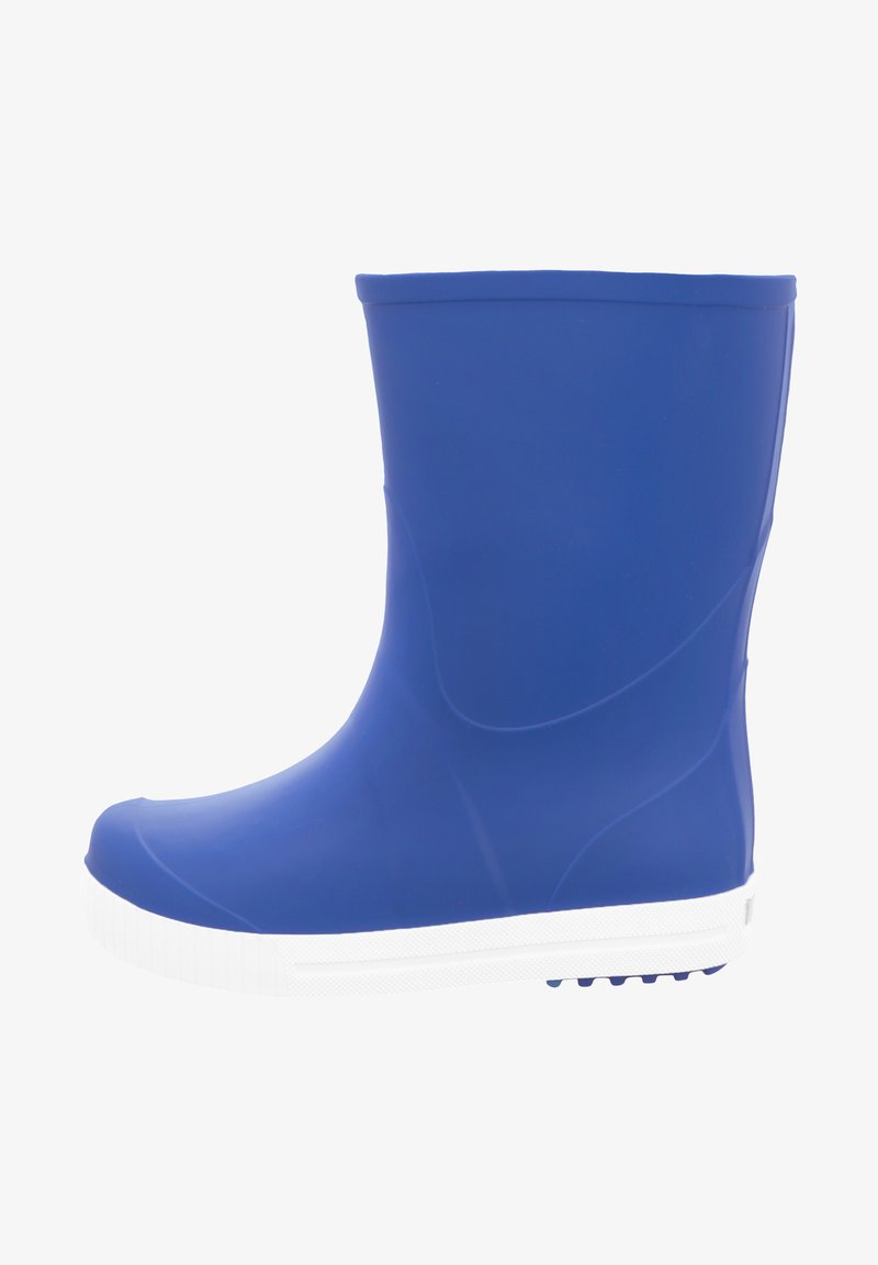 Niebieski kauczukowy botek kostkowy o gładkim wykończeniu, z białą teksturowaną podeszwą, okrągłym noskiem i bezszwowym designem. Odpowiedni na mokre warunki.