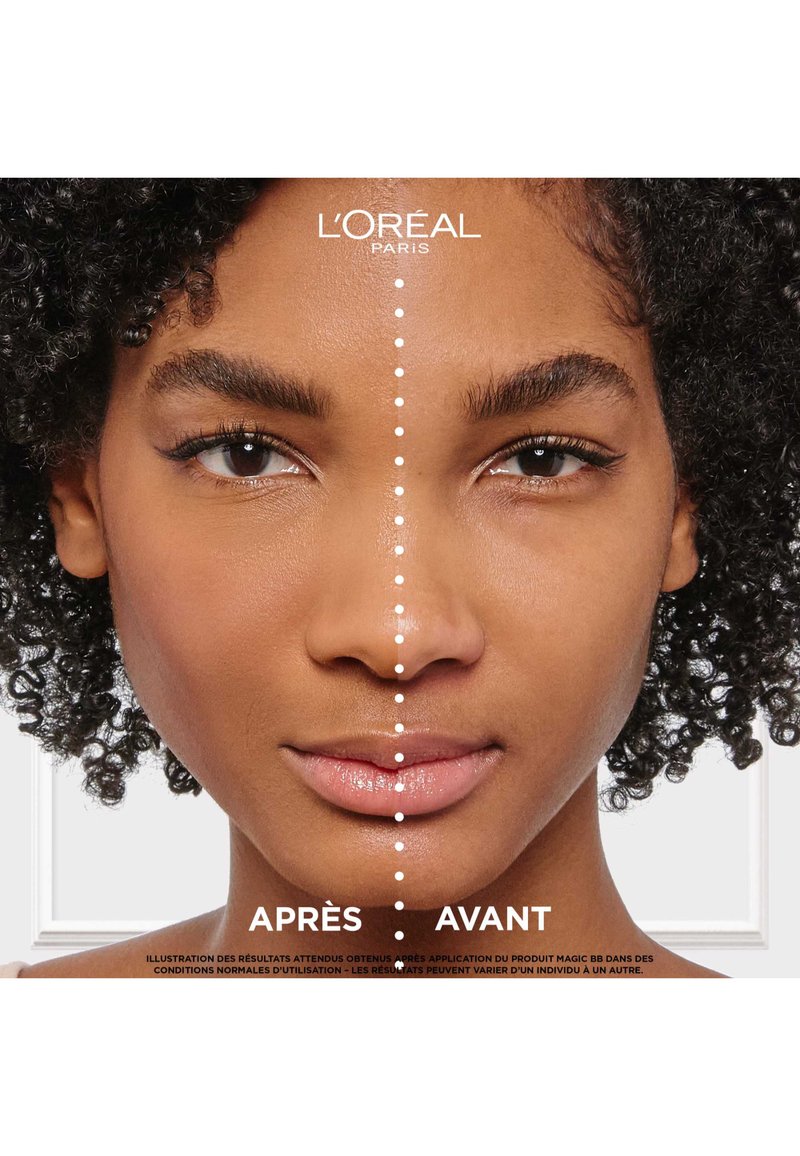 Comparaison avant-après d'un visage avec des cheveux bouclés ; le côté gauche présente une peau naturelle, tandis que le côté droit semble amélioré avec un teint lisse.
