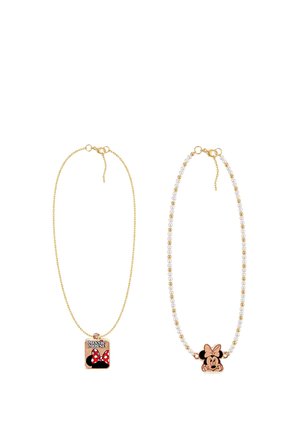 Twee goudkleurige kettingen: links met een rechthoekige Minnie Mouse hanger en ketting, rechts met een Minnie Mouse gezichtshanger aan een parel- en gouden kraalketting.