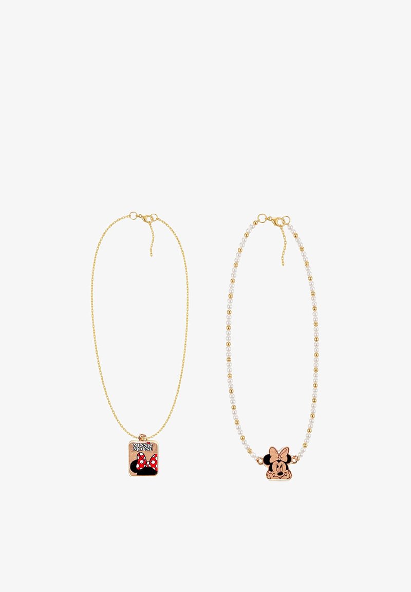 Deux colliers ton or : à gauche, pendentif rectangulaire Minnie Mouse avec chaîne, à droite, pendentif visage Minnie Mouse sur chaîne perles et perles dorées.