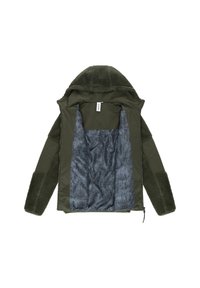 Olivenfarget jakke med teksturert fleece ytterstoff og glatt fôr. Har hette, frontlommel og mønstredd indre stoff.