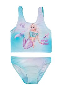 Zweiteiliger Badeanzug in Hellblau mit einem Tanktop, das eine Meerjungfrauen-Grafik zeigt. Glatter, dehnbarer Stoff; elastischer Bund und Träger.
