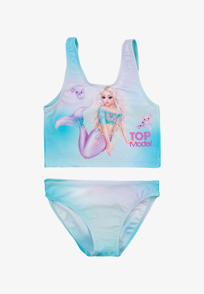 Zweiteiliger Badeanzug in Hellblau mit einem Tanktop, das eine Meerjungfrauen-Grafik zeigt. Glatter, dehnbarer Stoff; elastischer Bund und Träger.