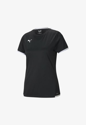 Czarny sportowy t-shirt z krótkim rękawem, z białym logo Pumy na klatce piersiowej i białymi akcentami na brzegach rękawów. Lekki materiał.