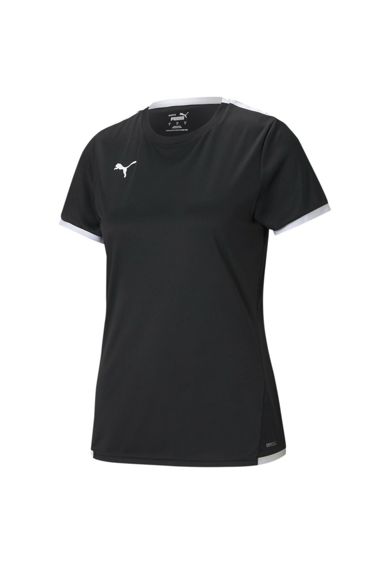 Czarny sportowy t-shirt z krótkim rękawem, z białym logo Pumy na klatce piersiowej i białymi akcentami na brzegach rękawów. Lekki materiał.