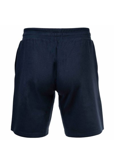 Pantaloni sportivi blu navy con vita elasticizzata e tasche laterali, mostrati da dietro su uno sfondo bianco.