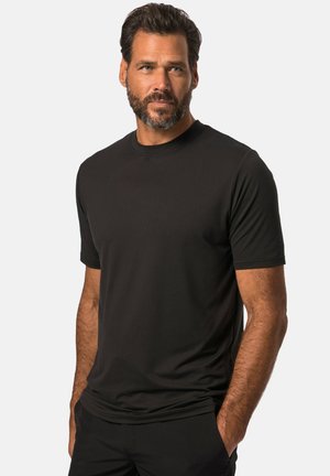 Schwarzes T-Shirt mit kurzen Ärmeln aus leichtem Stoff mit glatter Textur und Rundhalsausschnitt. Der Schnitt ist lässig und eignet sich gut für die Freizeit.