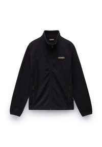 Black fleece jacket featuring a high collar, full front zipper, and two side pockets with zippers. Includes a small logo on the chest.