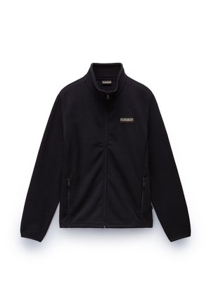 Giacca in pile nera con colletto alto, zip frontale completa e due tasche laterali con zip. Include un piccolo logo sul petto.