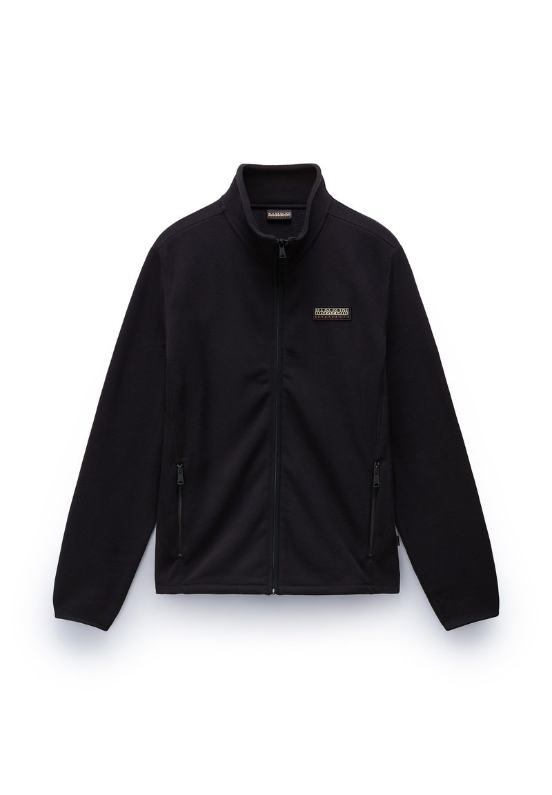 Giacca in pile nera con colletto alto, zip frontale completa e due tasche laterali con zip. Include un piccolo logo sul petto.