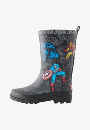 Botte de pluie en caoutchouc noir avec des motifs colorés de super-héros Marvel, comprenant Captain America, Black Panther et Iron Man, avec des motifs texturés.