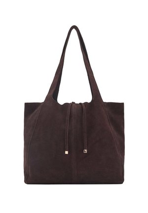 Sac fourre-tout en daim marron foncé avec de longues anses et une fermeture centrale à cordon de serrage avec embouts métalliques.